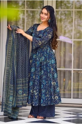 Muslin Anarkali Suit in Blue with Digital print AS4153