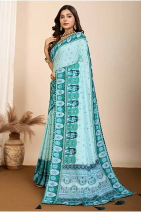 Digital print Muslin Saree in Cyan SR28026