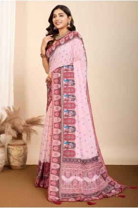 Digital print Muslin Saree in Pink with Blouse SR28027