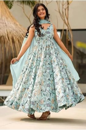 Digital print Rayon Gown Dress in Sea green with Dupatta GW1117