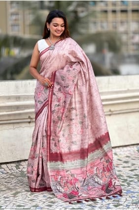 Digital print Saree in Baby pink Silk SR28424
