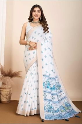Digital print Saree in Off white Cotton SR28138