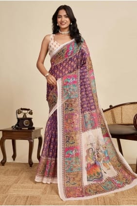Linen Saree in Purple with Digital print SR28907