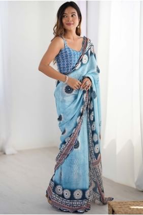 Chiffon Digital print Blue Saree with Blouse SR28491