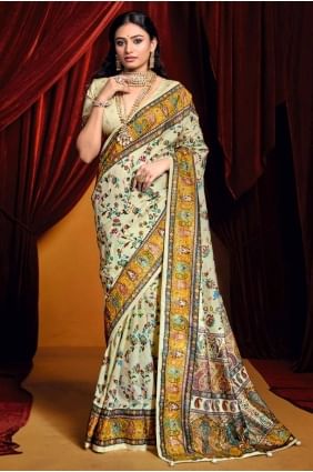 Digital print Tussar silk Off white Saree with Blouse SR28439