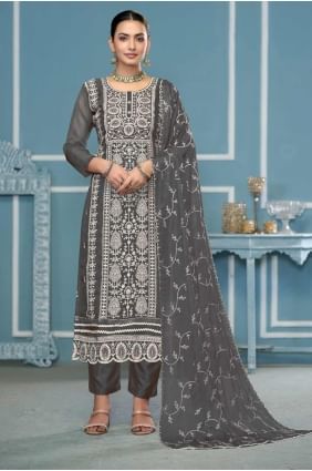 Dusty grey Embroidered Straight Pant Suit in Organza SK155334