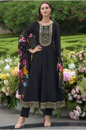 Black Anarkali Suit in Silk with Embroidered AS4128