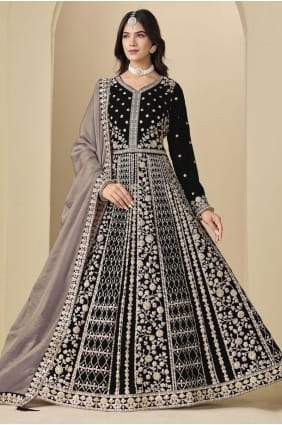 Embroidered Velvet Anarkali Suit in Black AS4192