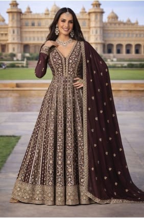 Embroidered Silk Anarkali Suit in Coffee AS4199