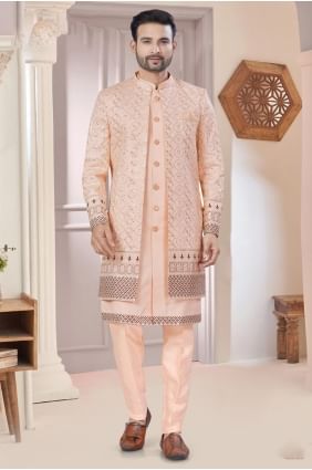 Embroidered Art silk Men Kurta in Pink with Dupatta KURR438