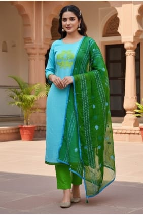 Salwar Kameez in Sea green Chanderi with Embroidered SK15807
