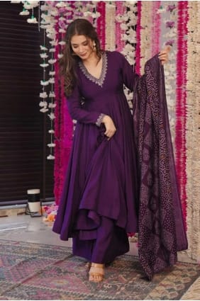 Embroidered Chanderi Straight Pant Suit in Wine with Dupatta SK155501