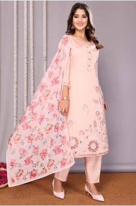 Embroidered Chanderi Straight Suit in Pink with Dupatta SK155414