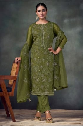 Mahendi Chiffon Embroidered Salwar Kameez with Dupatta SK15768