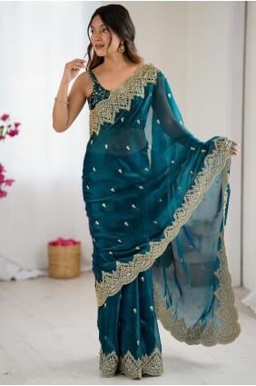 Embroidered Chiffon Saree in Rama SR29433