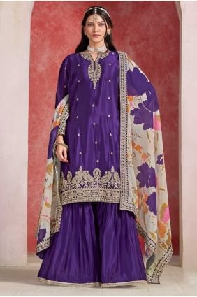 Chiffon Sharara Suit with Embroidered in Purple SS1263