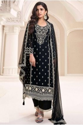 Embroidered Chiffon Straight Pant Suit in Black SK155316