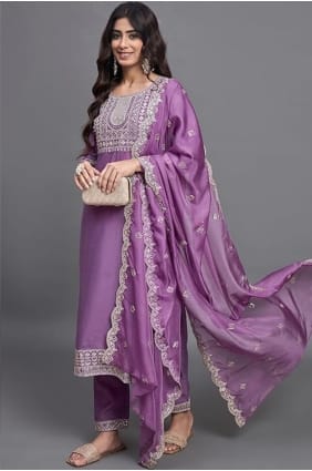 Embroidered Chiffon Straight Pant Suit in Purple with Dupatta SK155502