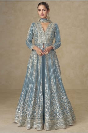 Sky blue Anarkali Suit in Embroidered Chinon chiffon AS4249