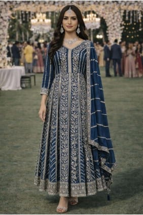 Embroidered Chinon chiffon Anarkali Suit in Teal AS4268