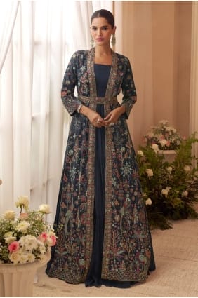 Chinon chiffon Gown Dress in Teal with Embroidered GW1279