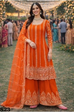 Chinon chiffon Orange Palazzo Suit in Embroidered PZ4403