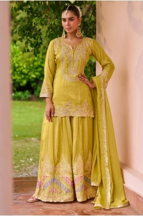 Eid Palazzo Suit in Yellow Chinon with Embroidered PZ4313