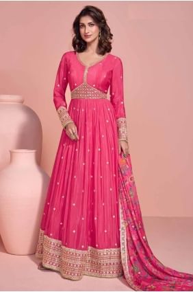 Embroidered Chinon Pink Anarkali Suit with Dupatta AS4106