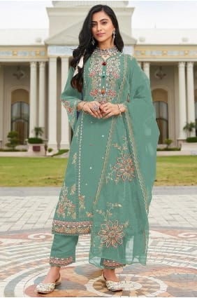 Embroidered Cotton Anarkali Suit in Green SK15702