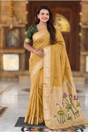 Embroidered Cotton Saree in Mustard with Blouse SR30132