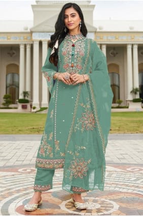 Light green Salwar Kameez in Cotton with Embroidered SK15617