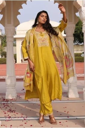 Embroidered Cotton Straight Pant Suit in Yellow with Dupatta SK155181