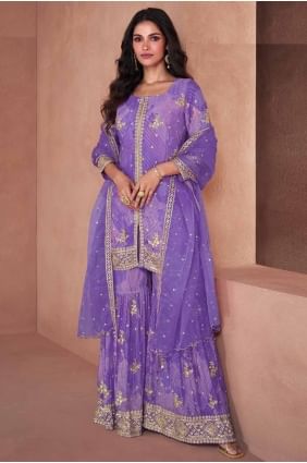 Embroidered Eid Palazzo Suit in Violet Georgette PZ4093