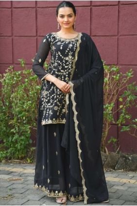 Faux georgette Sharara Suit with Embroidered in Black SS1271