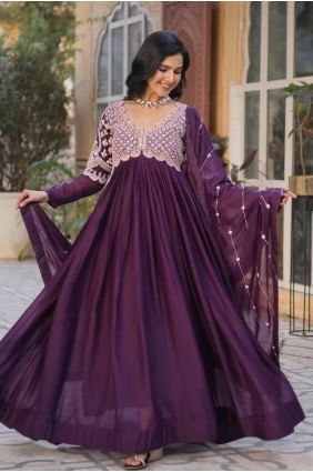 Wine Faux georgette Embroidered Gown Dress with Dupatta GW1106