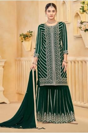 Embroidered Faux georgette Green Palazzo Suit with Dupatta PZ4133