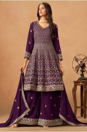 Purple Embroidered Faux georgette Palazzo Suit PZ4207