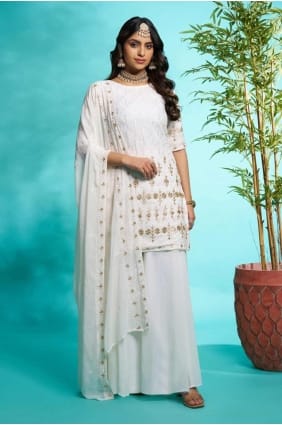 Embroidered Faux georgette Sharara Suit in Off white with Dupatta SS1232
