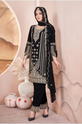 Embroidered Georgette Black Straight Pant Suit with Dupatta SK155201