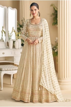 Cream Georgette Embroidered Anarkali Suit with Dupatta AS4317