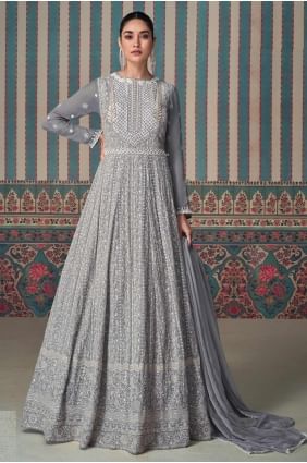 Embroidered Georgette Gown Dress in Grey GW1082