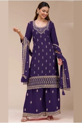 Purple Georgette Palazzo Suit with Embroidered PZ4406