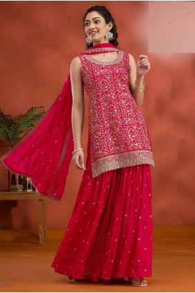 Red Embroidered Palazzo Suit in Georgette PZ4229