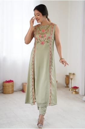 Georgette Salwar Kameez with Embroidered in Pista green SK159185