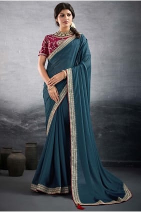 Embroidered Saree in Teal blue Georgette SR29215