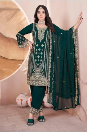 Embroidered Georgette Straight Pant Suit in Green SK155200
