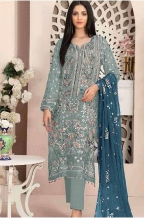 Embroidered Georgette Straight Pant Suit in Sky blue with Dupatta SK155112