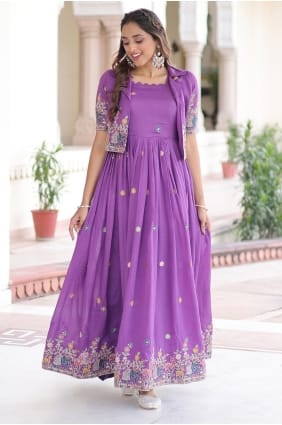 Silk Gown Dress with Embroidered in Purple GW1195
