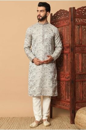 Embroidered Jacquard Men Kurta in Cream KURR428