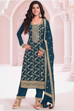 Embroidered Jacquard Straight Pant Suit in Blue SK155547